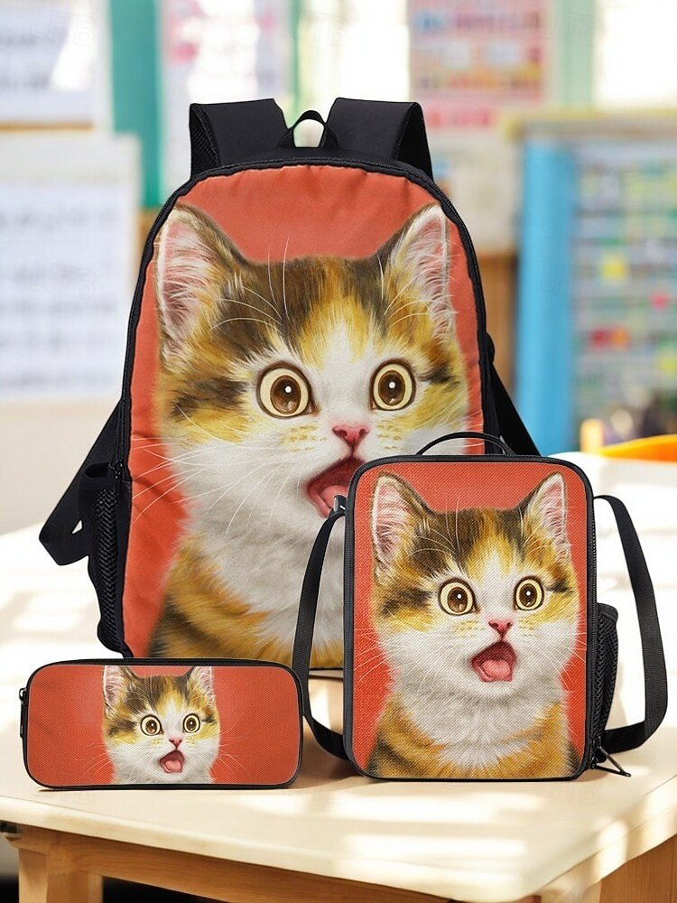 Cartoon Cat 3-Piece Backpack Set 17in with Lunch Box and Pencil Case Kids Cute Cat Backpack Set, 3-Piece Cartoon School Bag with  main image 4
