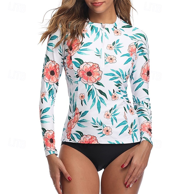 Damen Rash Guard Badeanzug UV-Sonnenschutz UPF50+ Langarm Bademode Badeanzug Frontreißverschluss Schwimmen Surfen Strand Wassersport Blumenmuster Tropisch Sommer Frühling 2025 - $27.99 –P1