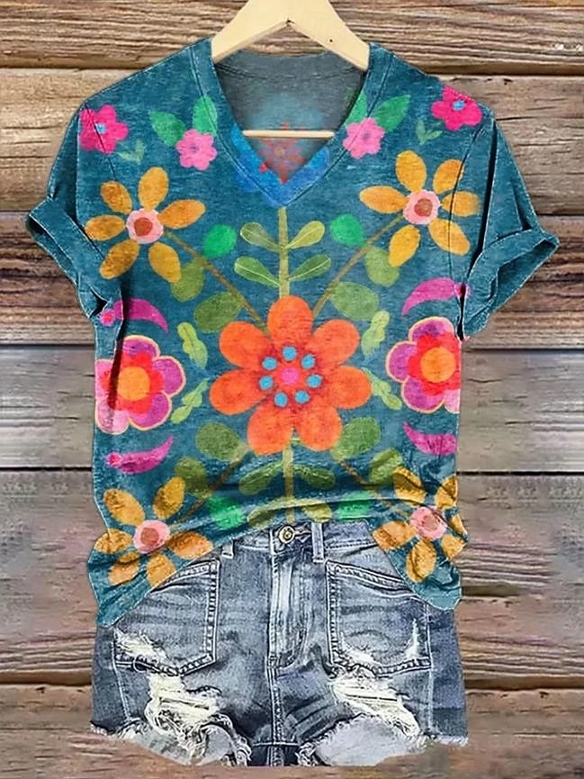 Dame T skjorte Blomstret Grafisk Planter Årgang Stilfull Klassisk Kortermet V-hals Vanlige topper Daglig Trykt mønster Svart Gul Blå Dusty Blue Lilla Sommer Vår 2025 - $19.99 –P1