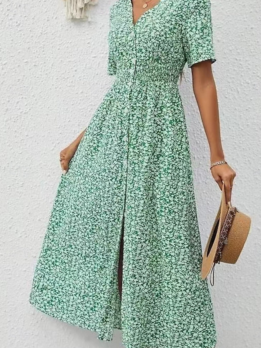 Femmes Robe maxi Robe trapèze Occasionnel Extérieur Sortir Coupe régulière Fleuri Manche Courte Col en V Bleu Vert Été de 2025 ? $39.99 –P5