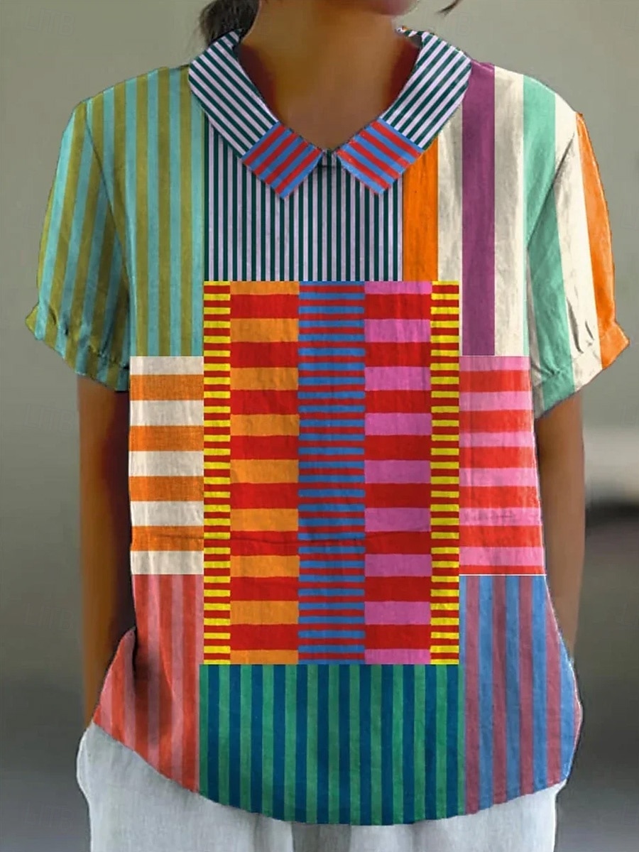 Women's Blouse Graphic Geometric Striped Elegant Daily Stylish Short Sleeve Shirt Collar Regular Tops Work Daily Holiday Buttons Blue Orange Green Summer Spring 2025 - $23.99 –P1