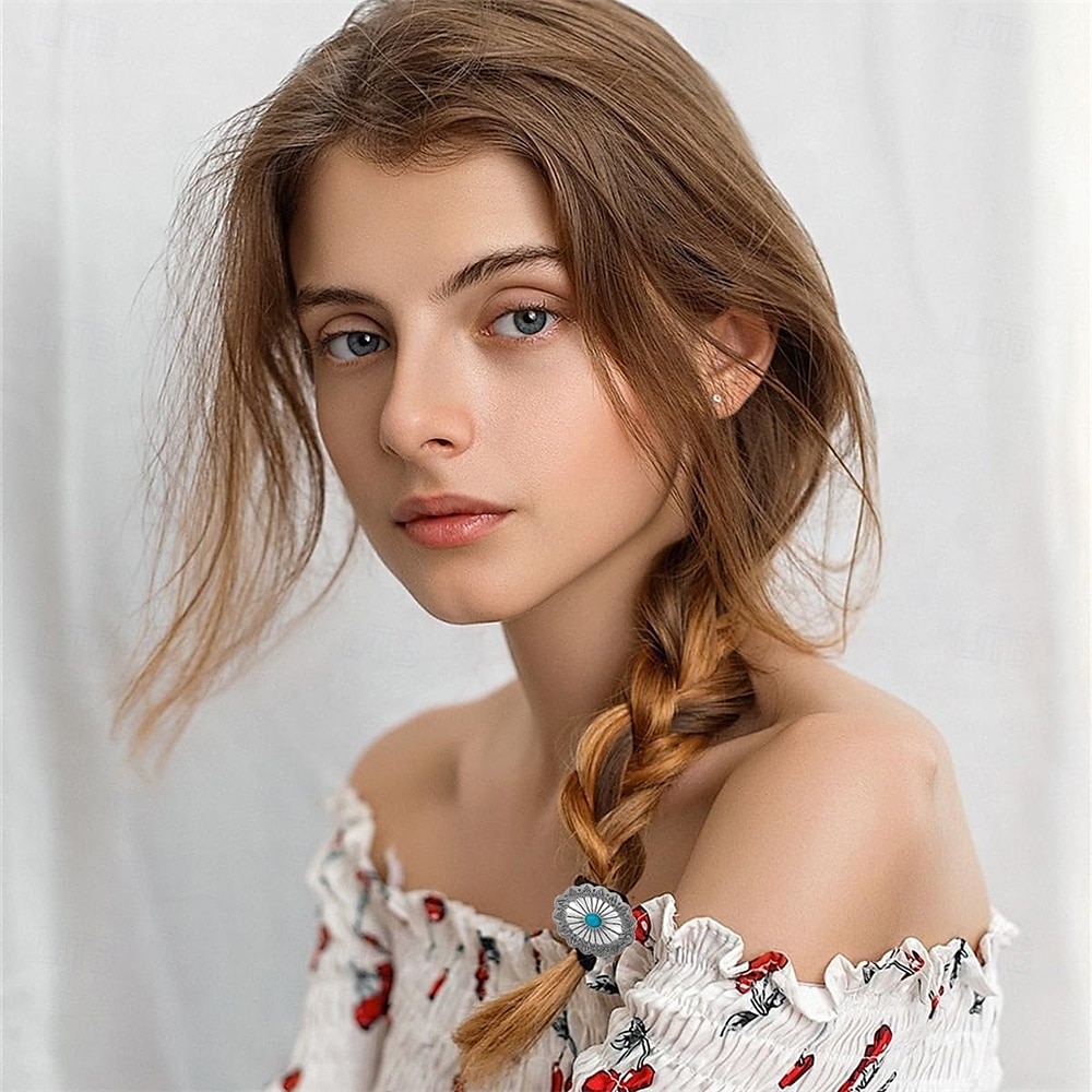 6 pezzi di elastici per capelli in metallo in stile western, elastici per capelli boho, elastici per capelli circolari a forma di fiore di zucca vintage, fasce per capelli con fiori di zucca turchese del 2025 a $12.49 –P3