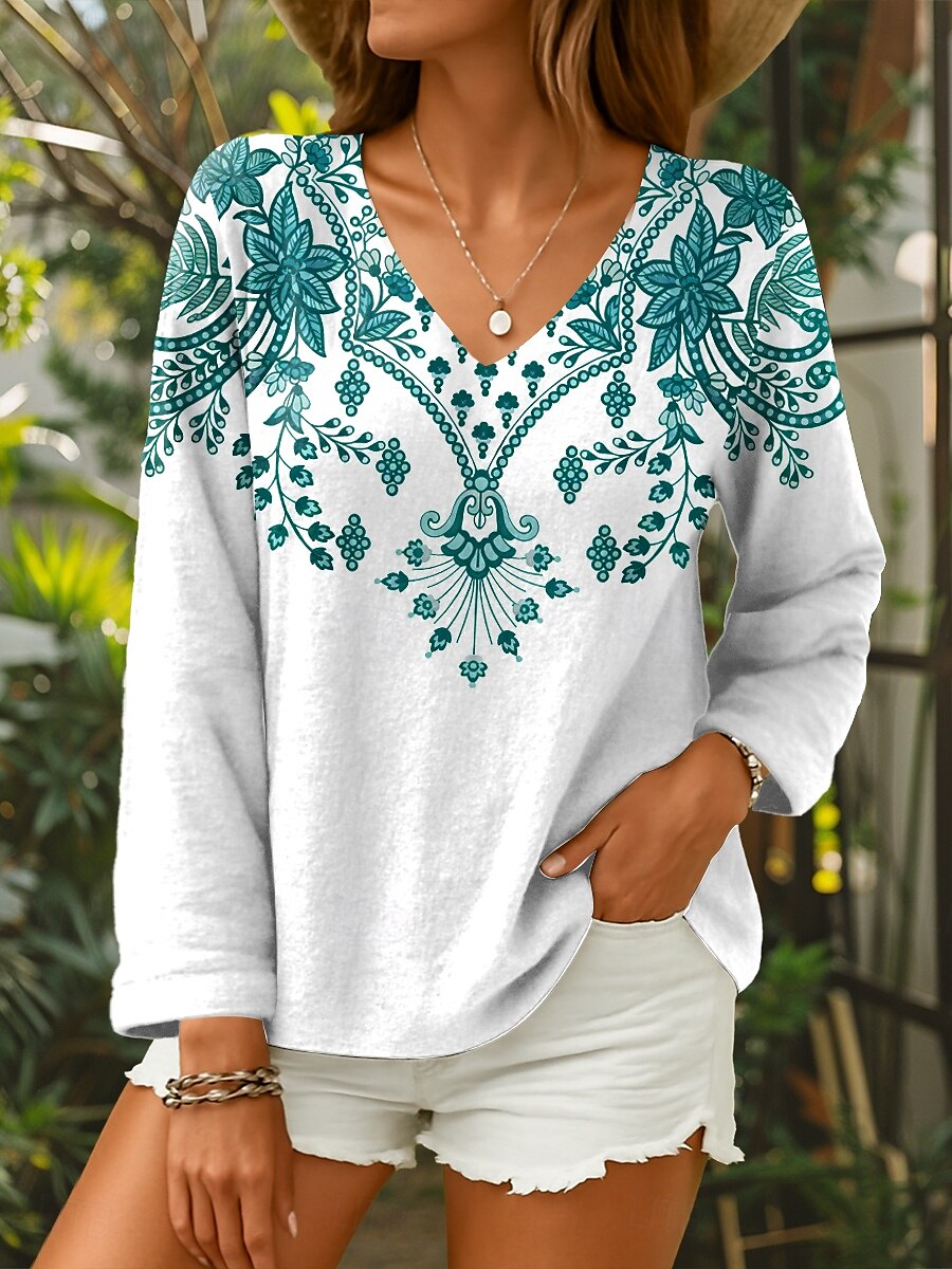 Dame Bluse Blomstret Grafisk Geometrisk Stilfull Fritid Langermet V-hals Vanlige topper Daglig Rød Blå Grønn Sommer Vår 2025 - $24.99 –P1