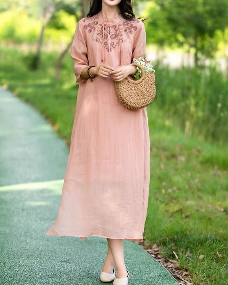 Pentru femei Rochii Midi Rochie din in bumbac Rochie florala Modă Modern Vacanță Zilnic Concediu Fit regulat Floare Manșon Jumate Guler de stand Roz Îmbujorat Albastru piscină Trifoi Caisă Vară 2025 - $28.99 –P13