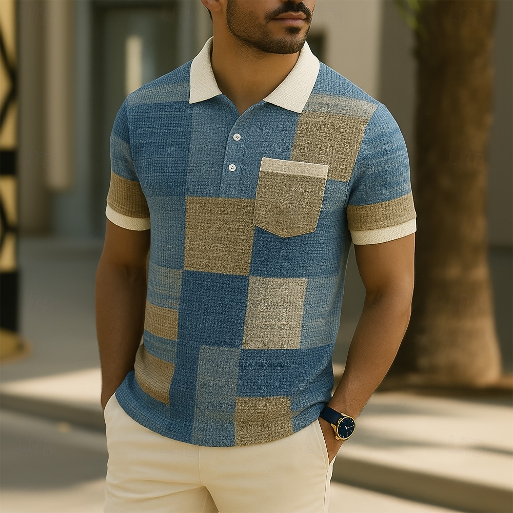Homme Bloc de Couleur Chemises Polo Gaufre Manche Courte Polos Chemises à Col Vêtement décontracté de travaile Affaires Athleisure Tenue quotidienne Boutons Avec Poches Impression 3D Été Noir Bleu de 2026 ? $21.99 –P1