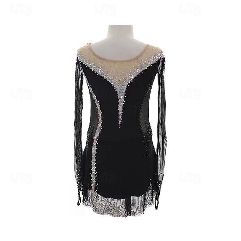 Kjole til kunstløp Dame Jente Skøyteløp Kjoler Svart Lapper Tommelhull Netting Spandex Elastisk Trening Profesjonell Konkurranse Skøyteklær Hold Varm Krystall / Rhinstein Langermet Skøyting Kunstløp 2025 - $162.99 –P4