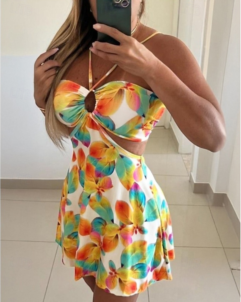 Pentru femei Rochie Mini Rochie florala Rochie de vară Rochie cu decolteu Rochie imprimata Clasic Modern În aer liber Vacanță Concediu Fit regulat Floare Fără manșon Gâtul halter Alb Galben Roșu Vin 2025 - $24.99 –P6