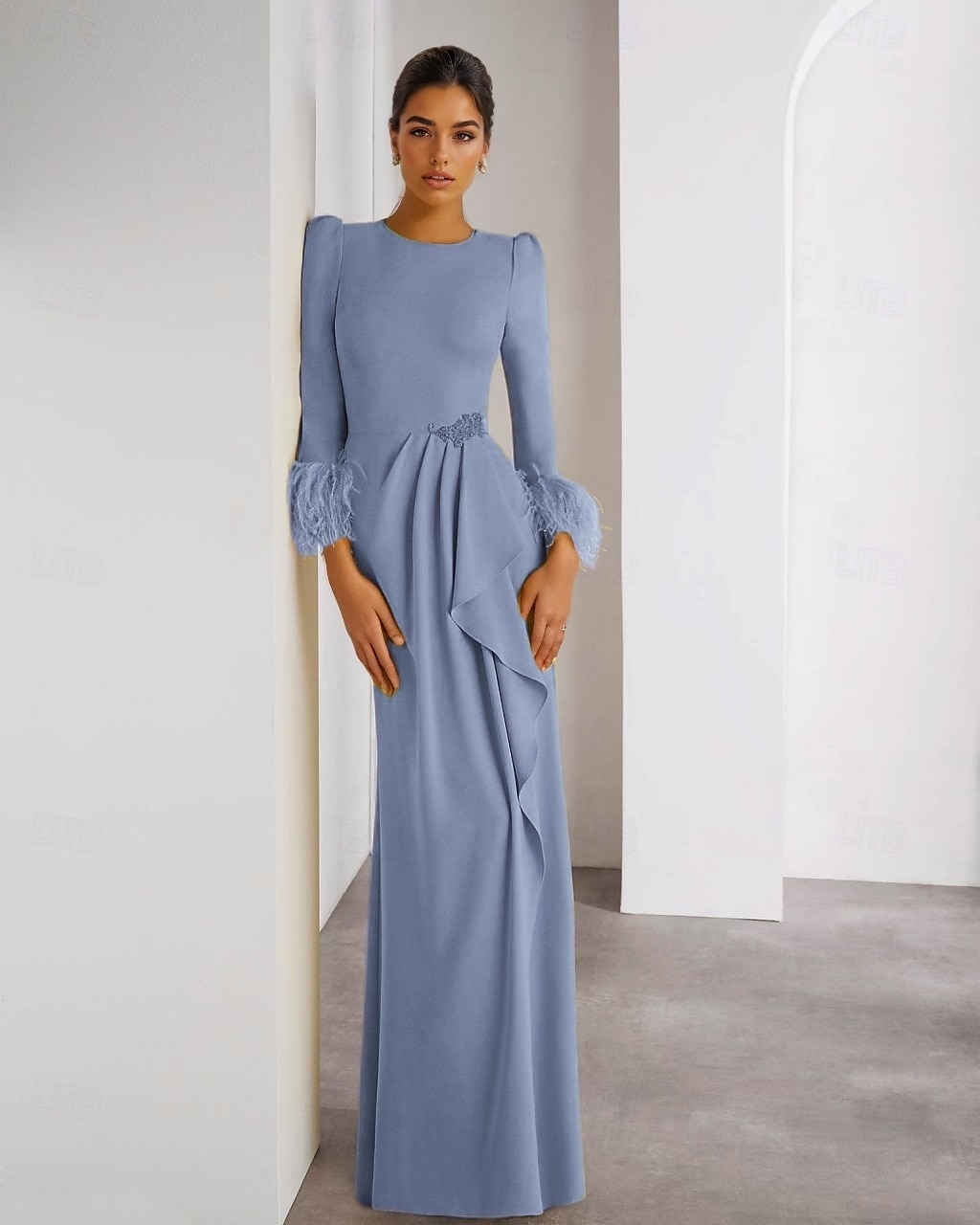 Abito da sera con colonna di piume, in crêpe elasticizzato, elegante, formale, da sposa, lungo fino al pavimento, manica lunga, scollo rotondo, staccabile, 2025 del 2025 a $149.99 –P3