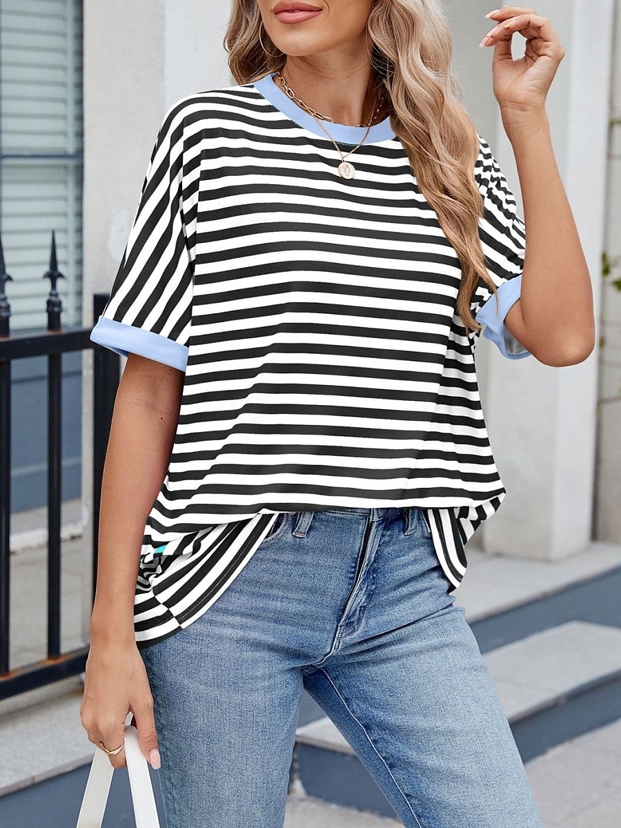 Femmes T-shirt Rayé Mode Élégant Moderne Manche Courte Col ras du cou Hauts Réguliers Quotidien Week-end Imprimé Noir Rouge Bleu Vert Été de 2025 ? $16.99 –P11
