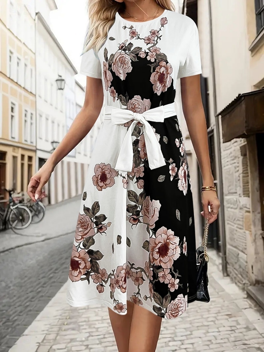 Női Midi ruha A vonalú ruha Bodycon ruha Szabadság Iroda Normál Virágos Grafika Rövid ujjú Terített nyak Fehér Nyár 2025 - $29.99 –P1
