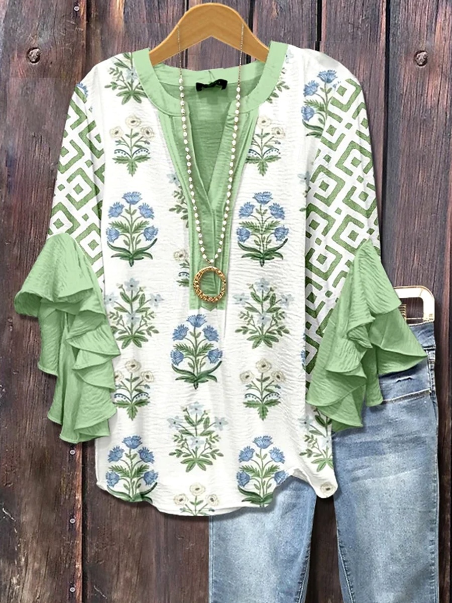 Pentru femei Bluză Ombre Floral Grafic Elegant Boemia Έθνικ Lungime Manșon 3/4 În V Topuri obișnuite Zilnic Concediu Îmbrăcăminte de vacanță Bufantă Imprimeu Alb Galben Verde Deschis Mov Roz 2025 - $29.99 –P4