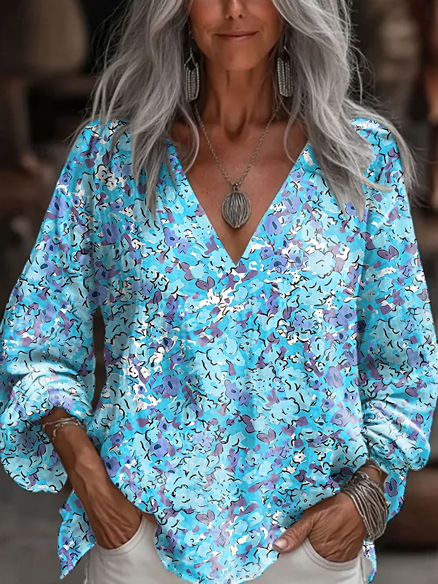 Dame Bluse Blomstret Grafisk Stilfull Fritid 3/4 ermer V-hals Vanlige topper Daglig Rød Blå Lilla Sommer 2025 - $24.99 –P2