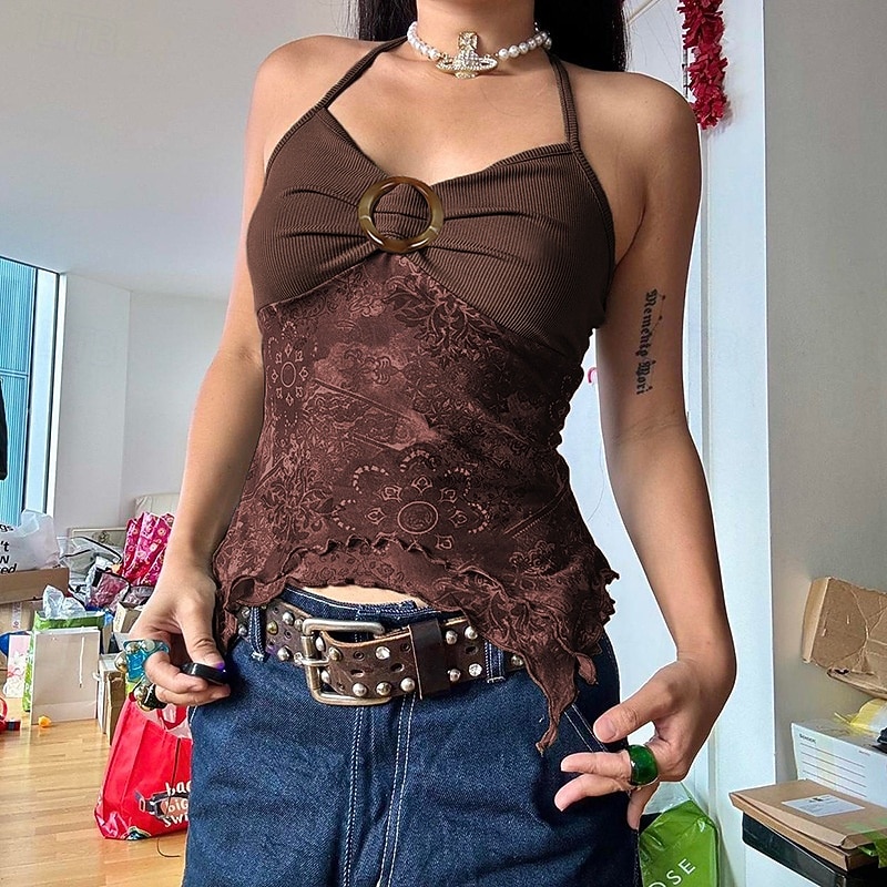 Pentru femei Cămașă Boho Bluză Floare Modern Boho Fără manșon Gâtul halter Topuri obișnuite Zilnic Concediu Ieșire Imprimeu Maro Trifoi Vară 2025 - $21.99 –P15