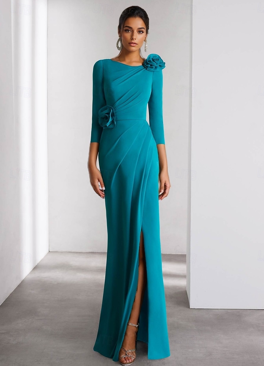 A-Line Evening Gown Elegant Dress Formal Wedding Floor Length Long Sleeve Crew Neck Detachable Stretch Crepe with Shouder Flower 2025 - $125.99 –P1