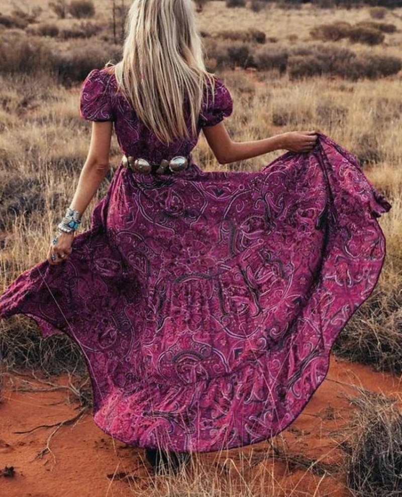 Damskie Sukienka maxi Codzienne sukienki Elegancki Dopasowana Nadruk Krótki rękaw W serek Niebieski Fioletowy Brązowy Zielony Lato 2025 - $28.99 –P10
