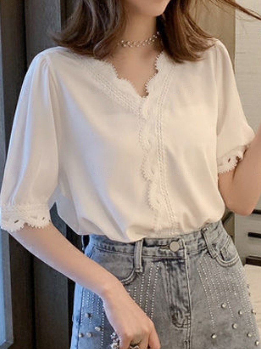 Damen Bluse Einfarbig Stilvoll Basic Lässig Kurzarm Hemdkragen Normale Oberteile Täglich Patchwork Knöpfe Spitzenbesatz Weiß Sommer 2025 - $13.99 –P4