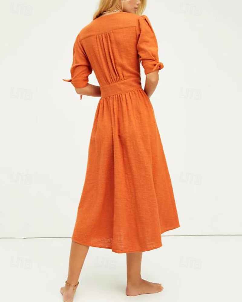 Femmes Robe Midi Robes en coton et lin Robe Décontractée Robe bohème Élégant Mode Extérieur Soirée Fête Coupe régulière Uni manche longue Col en V Orange Été de 2025 ? $36.99 –P2