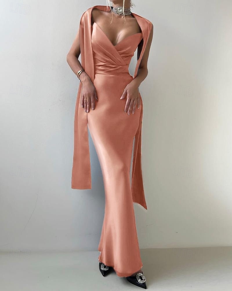 2-in-1 Dress Cape Dress Mermaid / Trumpet Evening Gown Elegant Dress Formal Semi Formal Dress Wedding Floor Length Sleeveless V Neck Satin Backless with Bow(s) Pleats Slit 2025 - $129.99 –P7