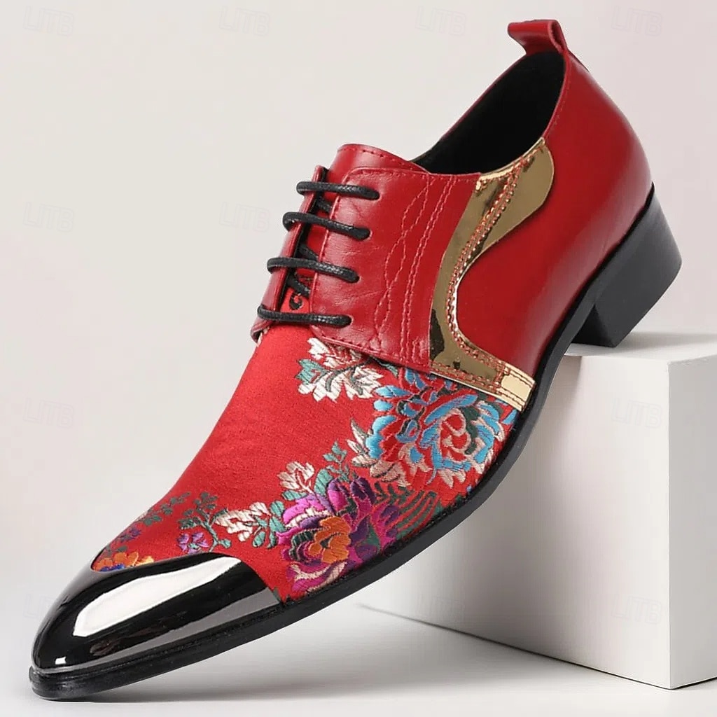 Męskie czerwone skórzane buty wizytowe z kwiatowym haftem i metalowymi akcentami w złotym kolorze – eleganckie obuwie na wesela i wieczorne wydarzenia 2025 - $119.99 –P1