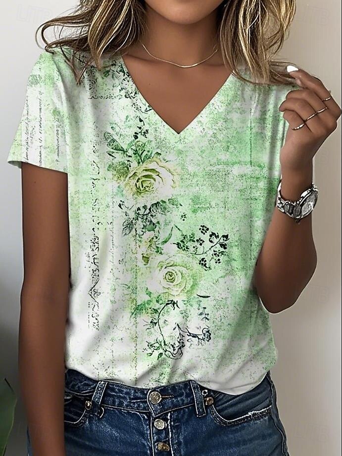 Femmes T-shirt Fleuri Graphique Paisley Bohème ancien Élégant Manche Courte Col en V Hauts Réguliers Quotidien Sortir Week-end Imprimé Vert cendré Violet Beige Été de 2025 ? $19.99 –P3