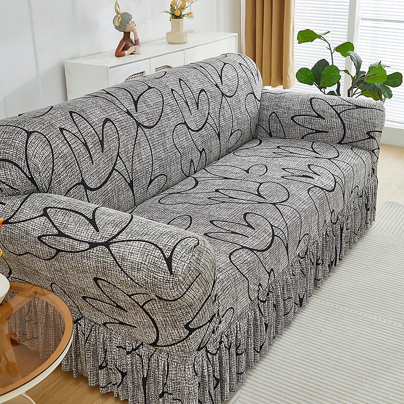 Funda de sofá de 1 pieza con volante, moderna, elástica, ajustada, con detalles elásticos, lavable a máquina, con impresión reactiva, adecuada para sillones, sofás dobles, triples y cuádruples. 2025 - $24.99 –P4