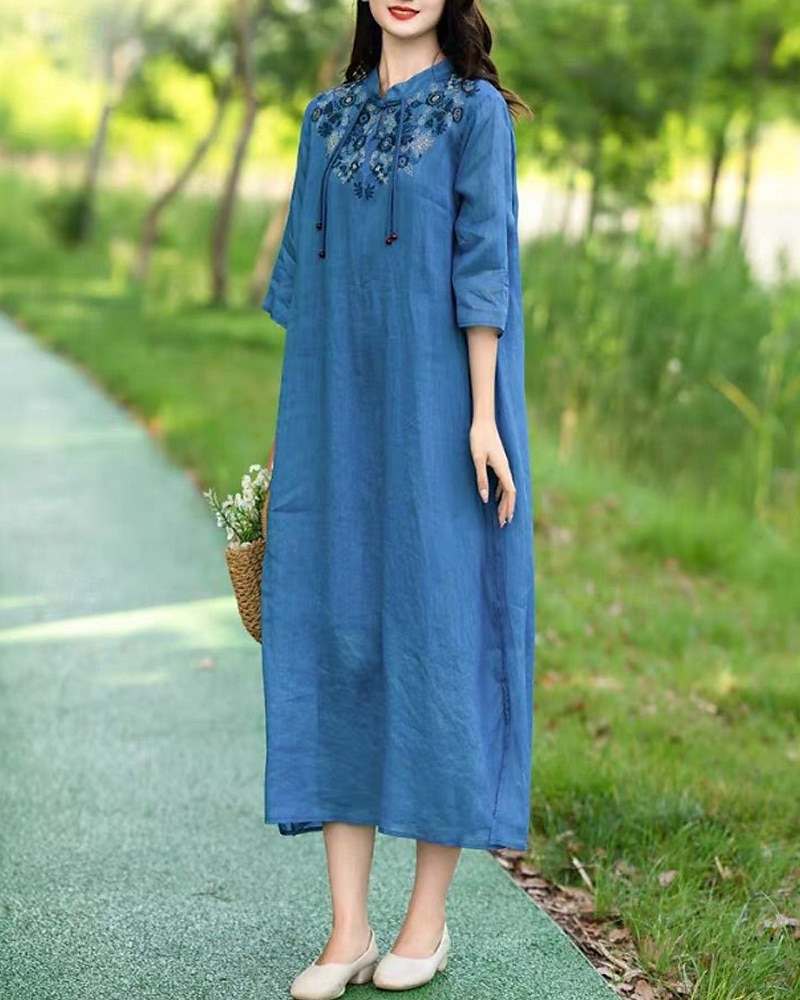 Pentru femei Rochii Midi Rochie din in bumbac Rochie florala Modă Modern Vacanță Zilnic Concediu Fit regulat Floare Manșon Jumate Guler de stand Roz Îmbujorat Albastru piscină Trifoi Caisă Vară 2025 - $28.99 –P11