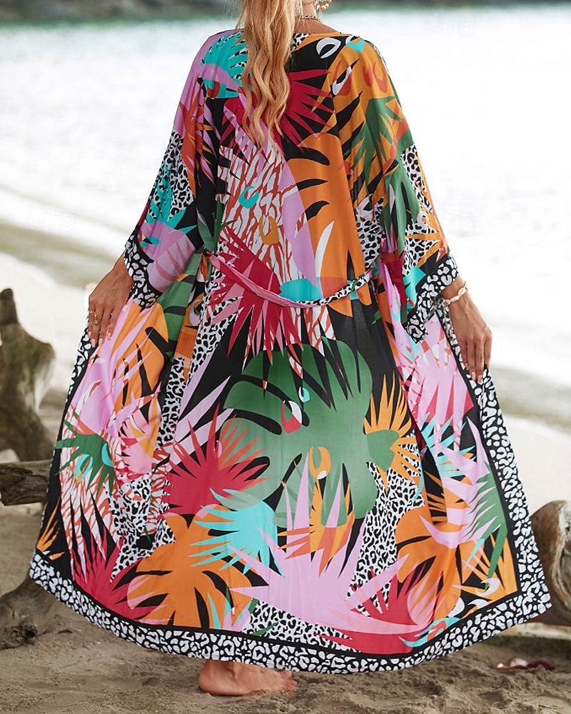 Жен. Купальники Накидка купальник галстук спереди тропический Одежда для пляжа Цветы V-образный вырез Длинный рукав Купальники 2026 - $25.99 –P7