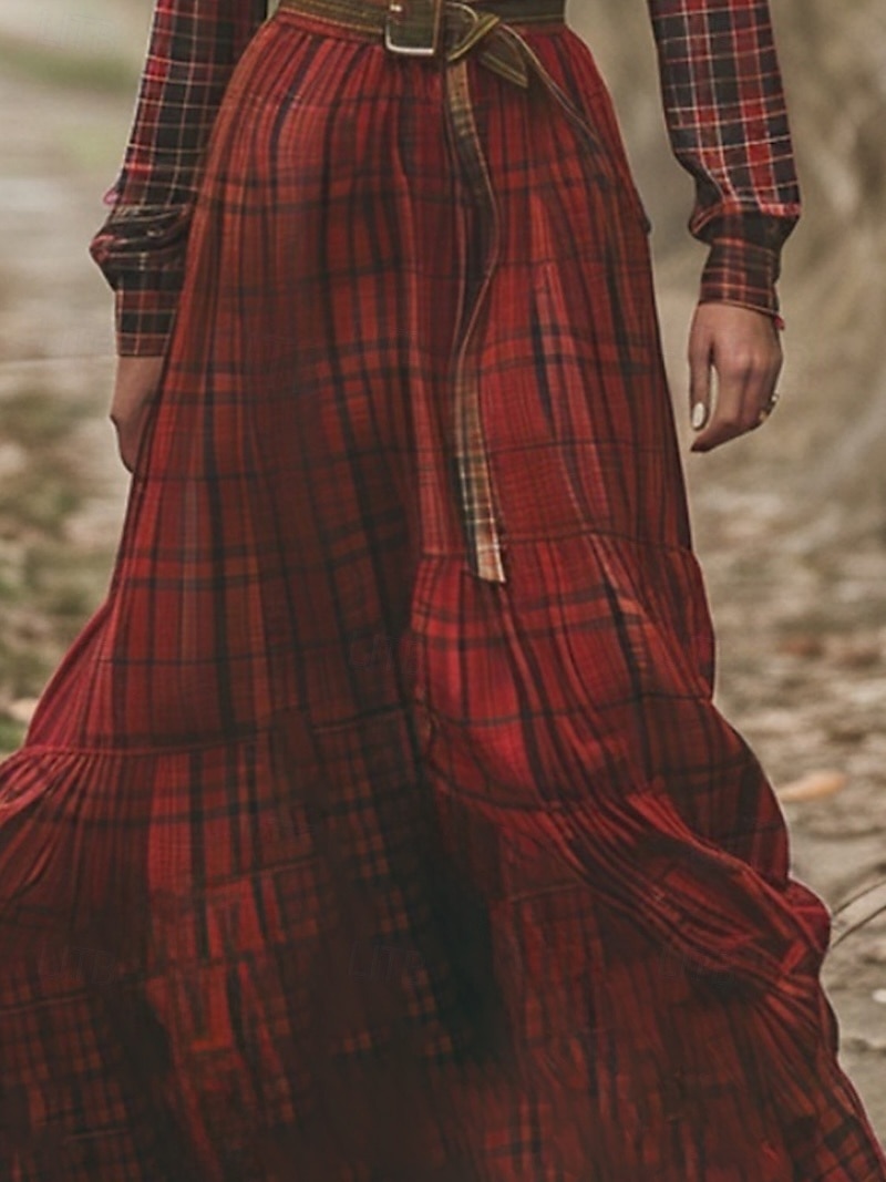 Damen Langes Kleid Maxikleid Kariertes Kleid Freizeitkleid Schwingkleid Sommerkleid Vintage Urlaub Täglich Ferien Normale Passform Karomuster Langarm V Ausschnitt Wein Sommer 2025 - $32.99 –P3