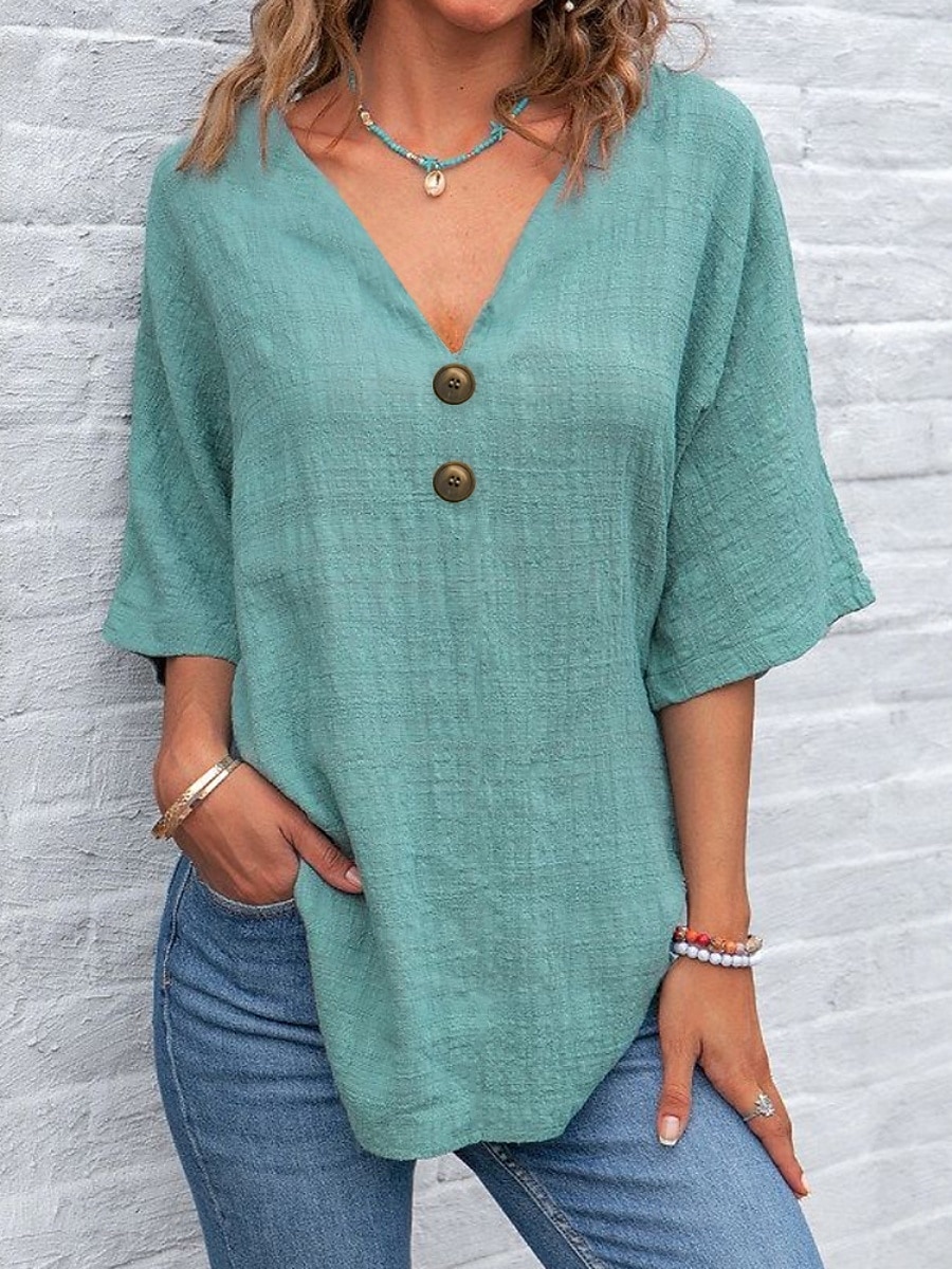 Femmes Chemise Uni Basique Occasionnel Demi Manches Col de chemise Hauts Réguliers Quotidien Boutons Jaune Bleu Roi Vert Gris Clair Gris Été de 2025 ? $22.99 –P3