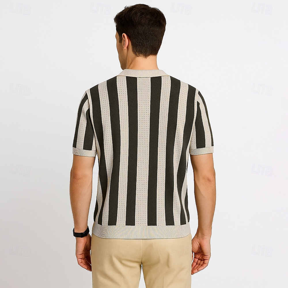 Herren Polo Geschäft Lässig Umlegekragen Kurzarm Gitter Vertikale Streifen V-Ausschnitt Weich Sommer Frühling Herbst Kastanienbraun Dunkelblau Schwarz Dunkelkaffee Polo 2025 - $28.99 –P6