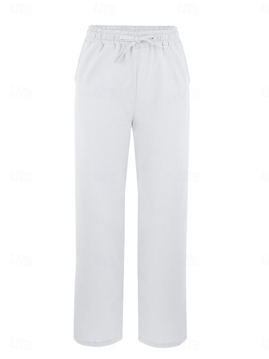 Dam Bomull Linne Byxor Enfärgad Chinos Semester Mode Avslappnad Lång Högmidja Enkel Fickor Snörning Bekväm Utomhus Mikroelastisk Semester Street Daglig Kamel Vinröd Svart Vit Sommar 2025 - $14.99 –P2