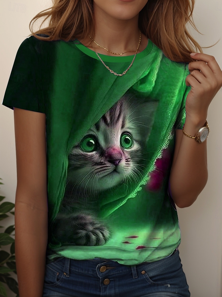 Dame T skjorte Grafisk Dyr Katt Årgang Stilfull Klassisk Kortermet Crew-hals Vanlige topper Daglig Helg Trykt mønster Blå Lilla Grønn Sommer Vår 2025 - $19.99 –P4