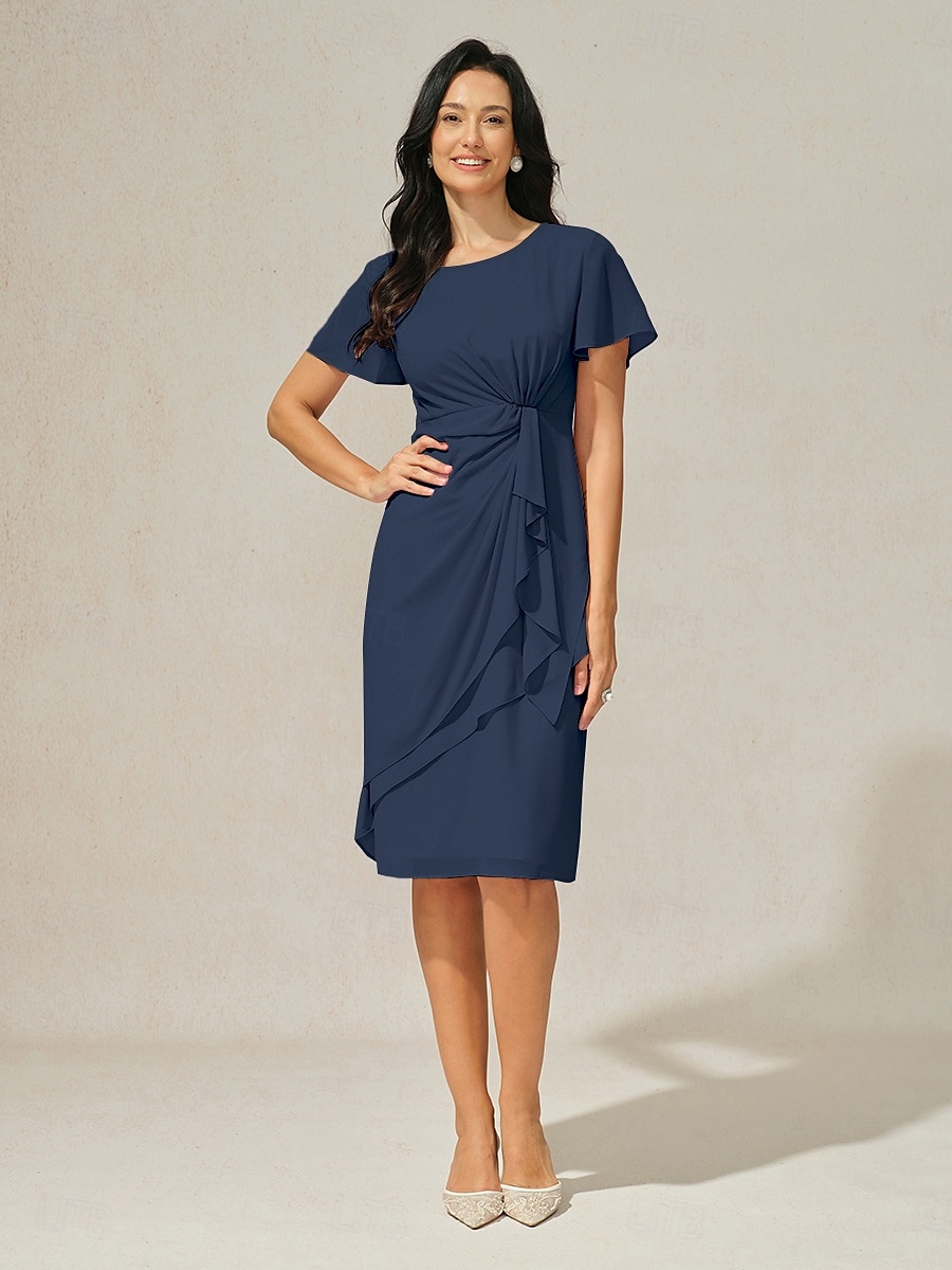 Mulheres Vestido Em Camadas Vestido midi Chiffon Nó torcido Convidado do casamento Coquetel Elegante Formal Gola Redonda Manga Curta Borboleta Azul Escuro Cor de 2025 por $49.99 –P10
