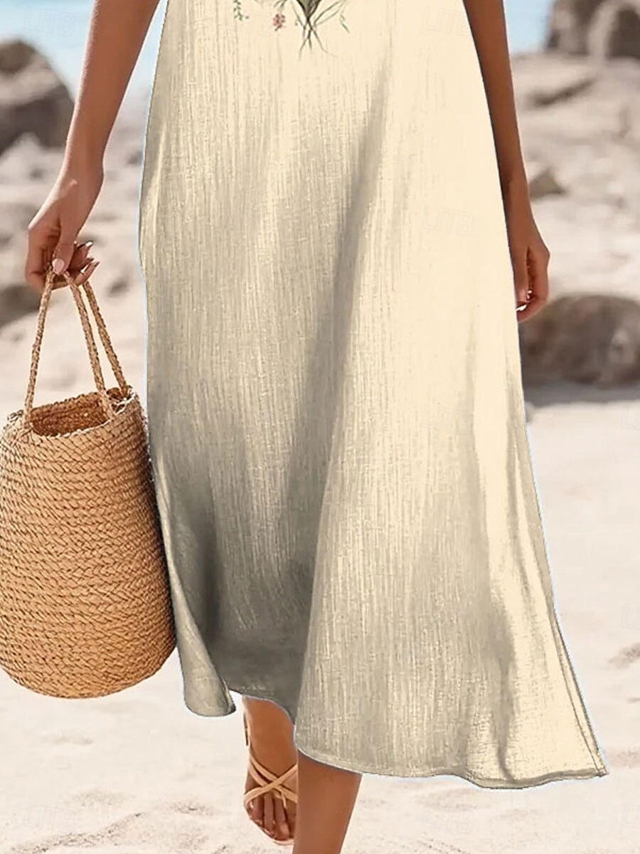 Damen Maxikleid Sommerkleid Shiftkleid Schulterfreies Kleid Lässig Ausgehen Strand Normale Passform Herz Blumen Grafik Ärmellos V Ausschnitt cremefarben Sommer Frühling 2025 - $36.99 –P3