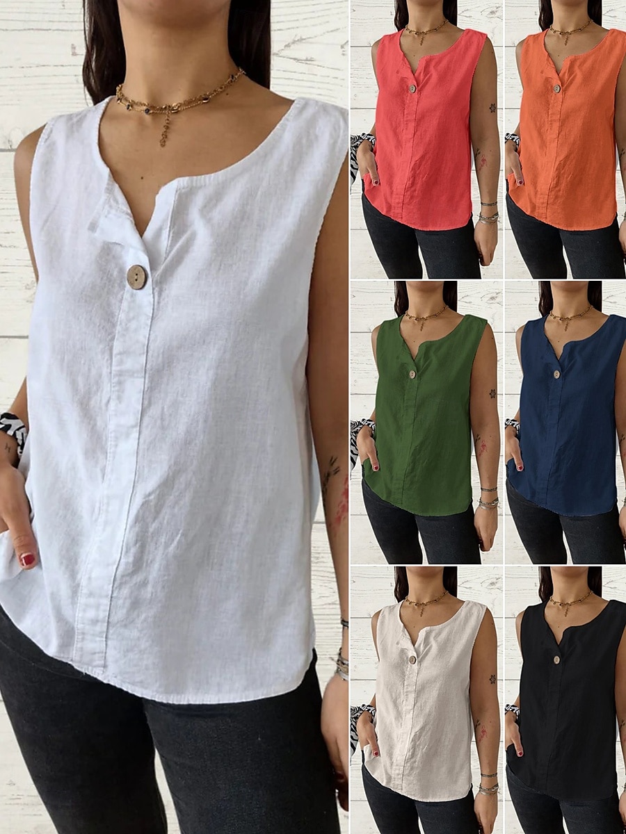 Canotta da Donna Top in Colori Solidali Basic Semplice Senza Maniche Collo a V Top Regolari Vacanza Bottoni Bianco Verde Militare Rosso Beige Estate Primavera del 2025 a $16.99 –P1