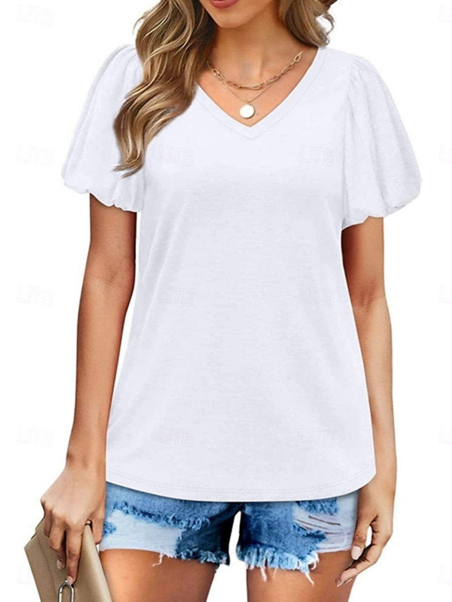 Femmes Chemisier Couleur Unie Quotidien Élégant Occasionnel Manche Courte Col en V Hauts Réguliers Quotidien Noir Blanche Vert Été Printemps de 2025 ? $17.99 –P2