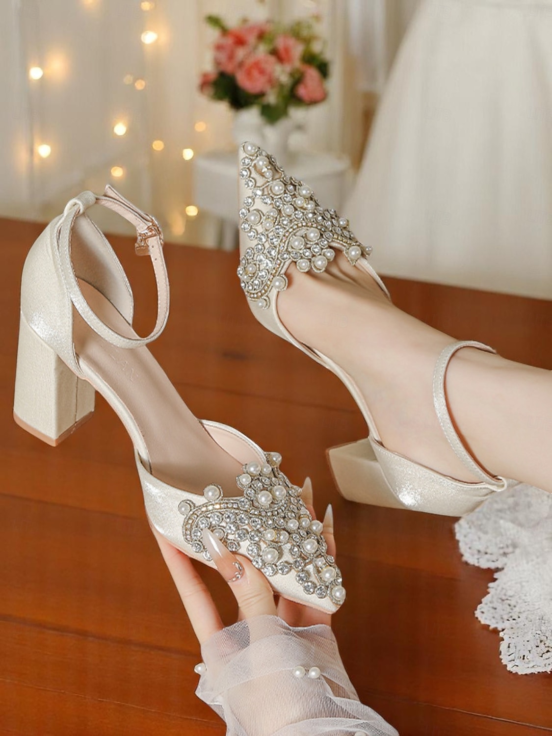Women's Pearl and Rhinestone Block Heels – Pointed-Toe Satin Bridal Wedding Pumps – Elegant Ivory High Heels 2026 - $64.99 –P4