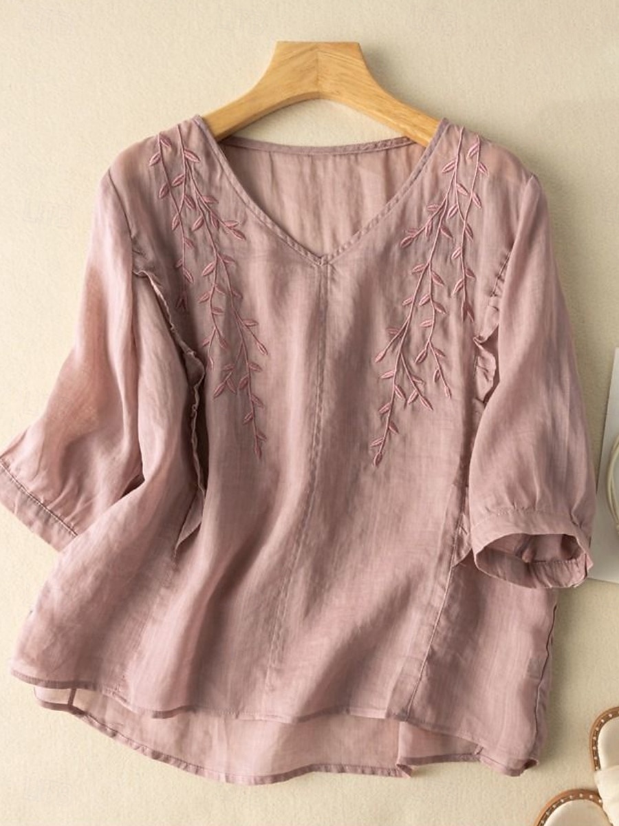 Cămașă de damă din bumbac și in, model floral, simplu, etnic, casual, mânecă 3/4, decolteu în V, croială regulată, topuri, zi de zi, brodat, galben, albastru marin, violet, portocaliu, caisă, vară 2025 - $17.99 –P5