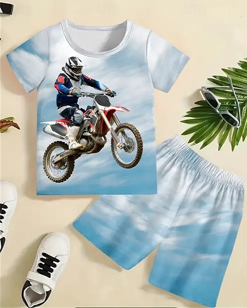 2 Pieces Kids Boys Suit T-shirt & Shorts Outfit Graphic Short Sleeve Crewneck Set Outdoor Sports Fashion Summer 4 years+ Black Green Light Blue 2025 - $11.99 –P3
