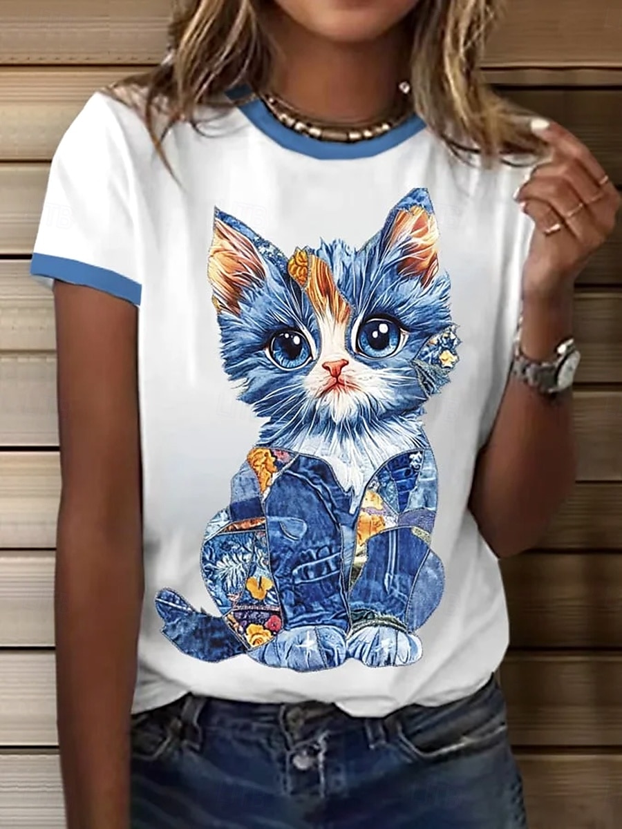 Dame T skjorte Grafisk Dyr Katt Årgang Stilfull Klassisk Kortermet Crew-hals Rund hals Vanlige topper Daglig Helg Trykt mønster Svart Hvit Blå lysegrå Sommer Vår 2025 - $19.99 –P1