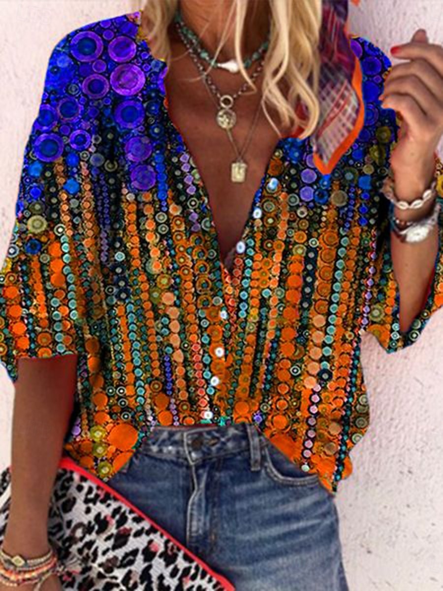 Dame Bluse Grafisk Paisly Fargeblokk Bohem Daglig Fritid 3/4 ermer Høyhalset Vanlige topper Knapper Trykt mønster Gul Lilla Oransje Sommer Vår 2025 - $34.99 –P5