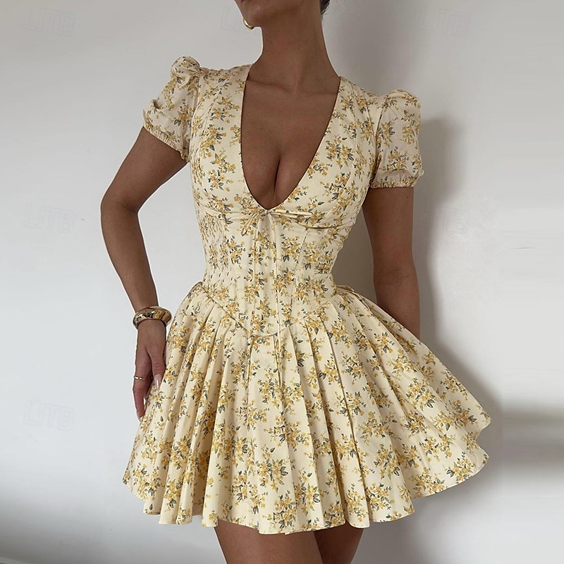 Femmes Mini Robe Robe Décontractée Robe Fleurie Mode Robe élégante Extérieur Soirée Fête Coupe régulière Fleur Manche Courte Col en V Jaune Été de 2025 ? $29.99 –P1