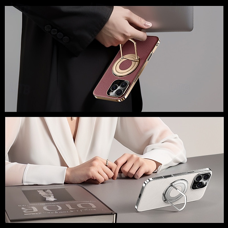 Magnetic Leather Phone Case for iPhone 16/15/14/13 Pro Max – Shockproof Back Cover with Ring Kickstand, Wireless Charging Support 2025 - $27.99 –P4