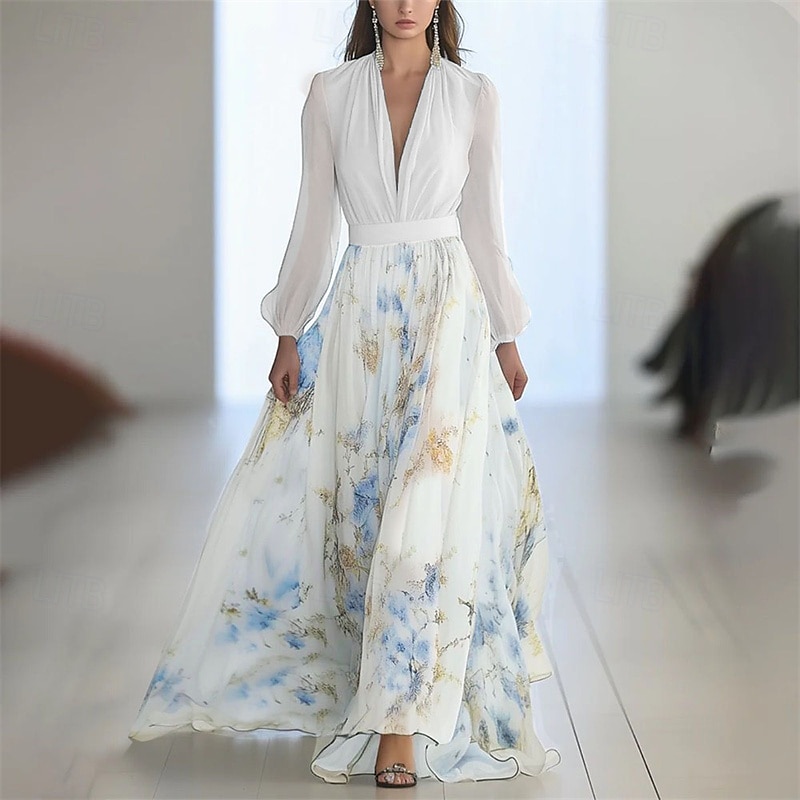 Damen Langes Kleid Maxikleid Freizeitkleid Blumenkleid Elegant Mode Romantisch Outdoor Ferien Date Normale Passform Blume Langarm V Ausschnitt Weiß Blau Sommer Frühling 2025 - $30.99 –P2
