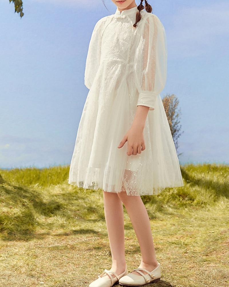 Kids Girls' Dress Solid Color Long Sleeve Outdoor Ruched Mesh Adorable Nylon Knee-length Casual Dress Summer 4 years+ Beige 2025 - $58.99 –P4