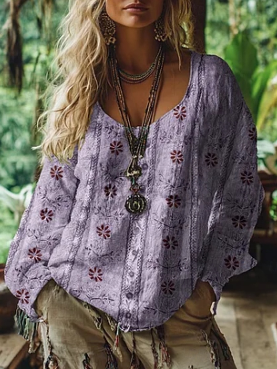 Bluză western pentru femei, cămașă boho, bluză cu imprimeu floral, modern, casual, mânecă lungă, decolteu în V, topuri obișnuite, zilnic, vacanță, ieșiri în oraș, imprimeu, verde deschis, roz, albastru, violet, verde, vară, toamnă 2025 - $19.99 –P5