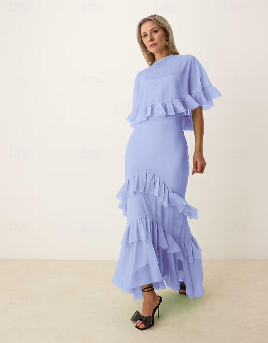 A-Linie Brautmutter Kleid Rohe Kanten Einfach Minimalistisch Boot-Ausschnitt Bodenlang Chiffon Kurzarm mit Kaskade Rüschen 2025 - $123.99 –P1