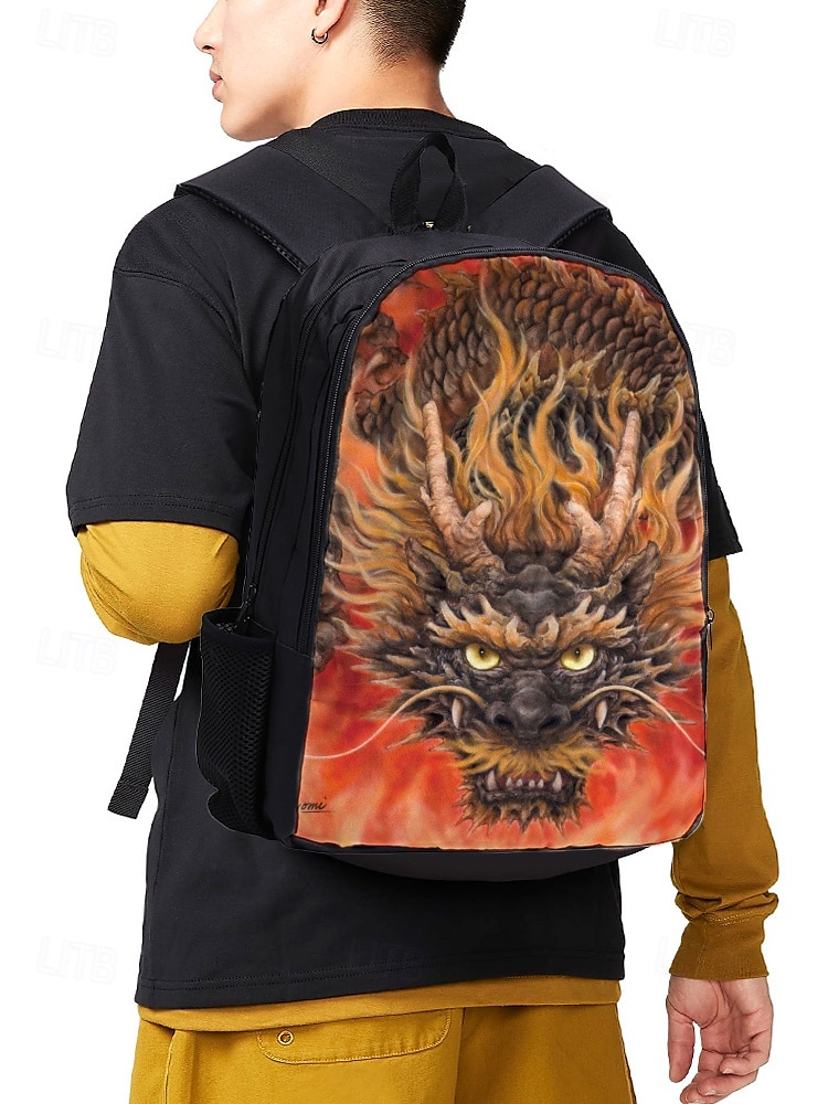 Set rucsac bărbătesc format din 3 piese cu dragon și imprimeu cu flăcări - ghiozdan școlar rezistent, geantă de prânz izolată și geantă pentru pixuri pentru adolescenți iubitori de întoarcerea la școală și stil fantasy, Kayomi Harai 2025 - $32.99 –P1
