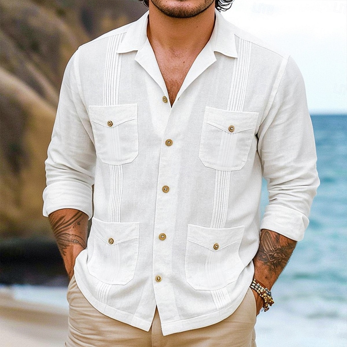 Herren Hemd Leinenhemd Guayabera Hemd Sommerhemd Strandhemd Einfarbig Urlaub Lässig Weiß Langarm Camp-Kragen Bekleidung Mehrere Taschen 2026 - $29.99 –P7