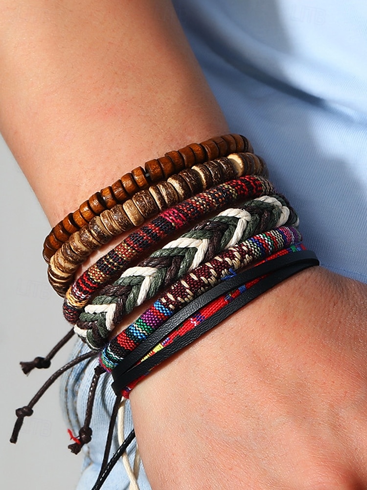 Pánská sada vícevrstvých pletených korálkových náramků v boho stylu, různé materiálové provedení - dřevo, kůže a provaz, kmenový styl, plážové a běžné nošení 2025 - $9.99 –P1